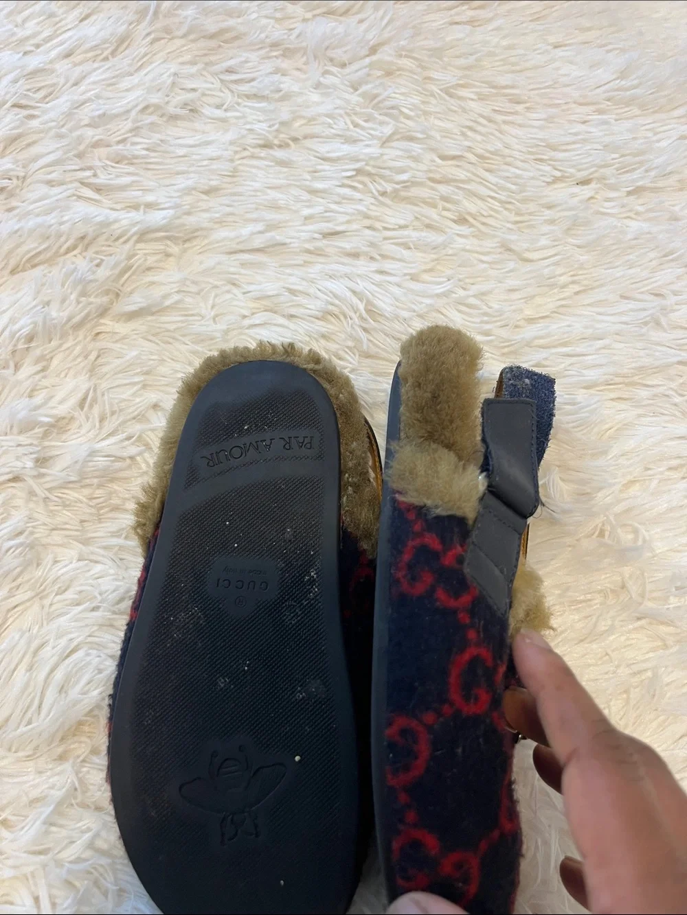 Gucci Kids Black & Red GG Wool Fur-Trim Horsebit Clogs